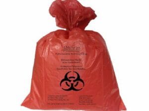 Red biohazard bag with warning symbol for medical waste.