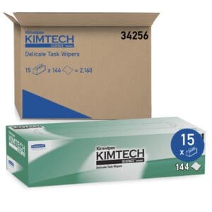 Box and pack of Kimtech Science Tech Wipers for cleanroom use.