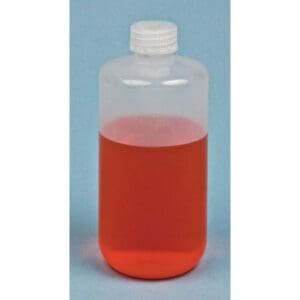 Clear plastic bottle with red liquid inside.