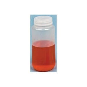 A clear plastic bottle with a white cap, partially filled with red liquid.