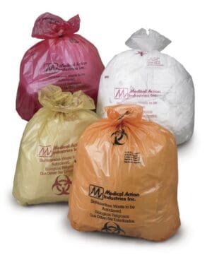 Five colored plastic bags filled and tied, labeled as medical waste.