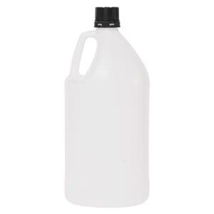 A large white plastic jug with a black screw cap and handle.