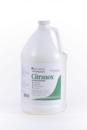 A large white jug of Citranox cleaning solution with green labeling.
