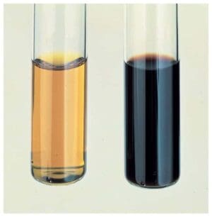 Two test tubes containing different colored liquids, one amber and one dark brown.