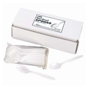 Disposable plastic spoons in a white box.