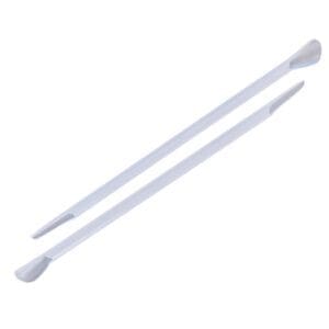 Two white plastic cotton swabs with rounded tips on a white background.